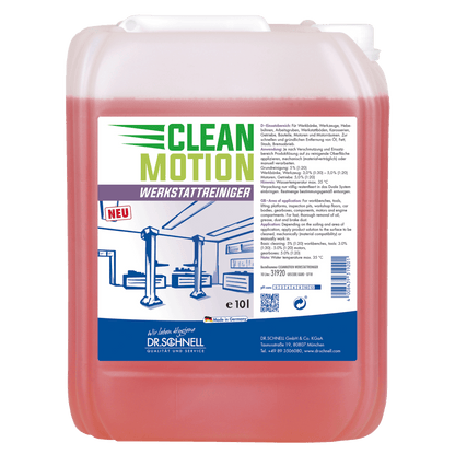 10-litrowy Dr. Schnell CLEANMOTION WERKSTATTREINIGER DR.SCHNELL GmbH & Co. KGaA z czerwoną cieczą i etykietą z motywem warsztatu samochodowego oraz niemiecką informacją o produkcie - idealny do skutecznego czyszczenia warsztatu.