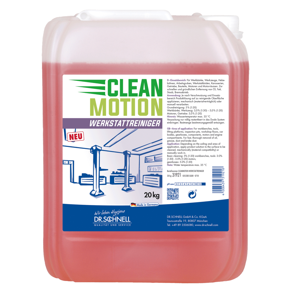 20-kilogramowy plastikowy pojemnik DR.SCHNELL GmbH & Co. KGaA Dr. Schnell CLEANMOTION WERKSTATTREINIGER z czerwoną cieczą i etykietą z informacjami o produkcie, instrukcjami oraz warsztatem z podnośnikami do skutecznego czyszczenia.