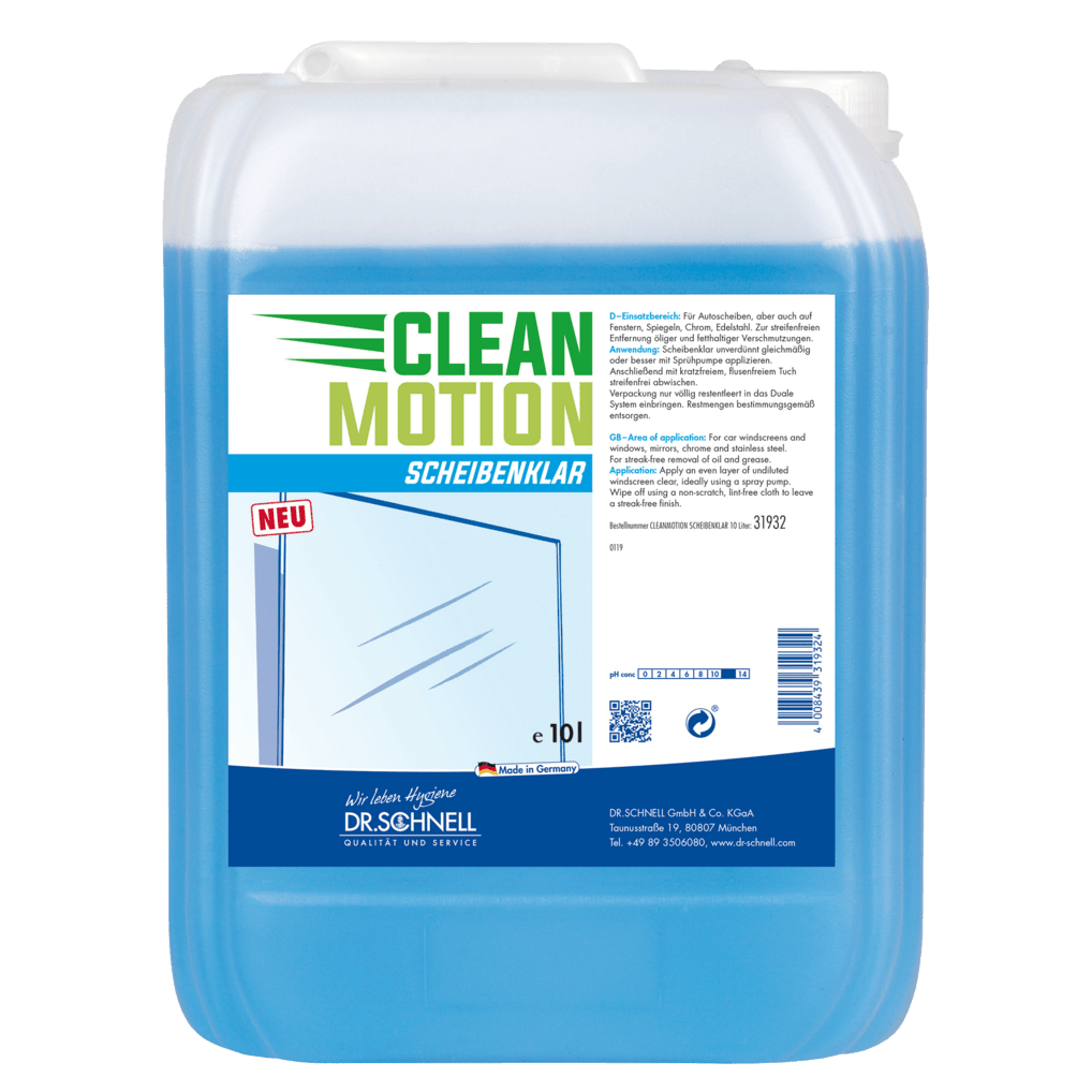 10-litrowy plastikowy pojemnik Dr. Schnell CLEANMOTION SCHEIBENKLAR od DR.SCHNELL GmbH & Co. KGaA, z informacjami o produkcie i grafiką szyby na etykiecie - idealny środek do czyszczenia szkła bez smug.