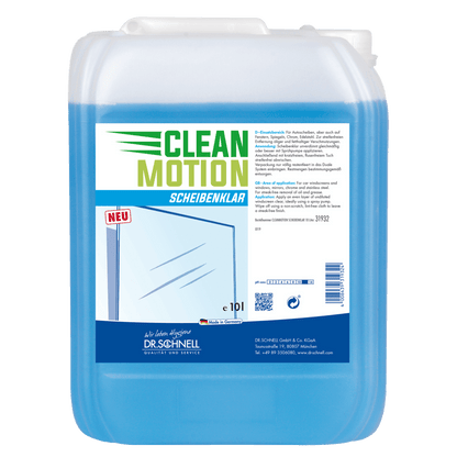 10-litrowy plastikowy pojemnik Dr. Schnell CLEANMOTION SCHEIBENKLAR od DR.SCHNELL GmbH & Co. KGaA, z informacjami o produkcie i grafiką szyby na etykiecie - idealny środek do czyszczenia szkła bez smug.