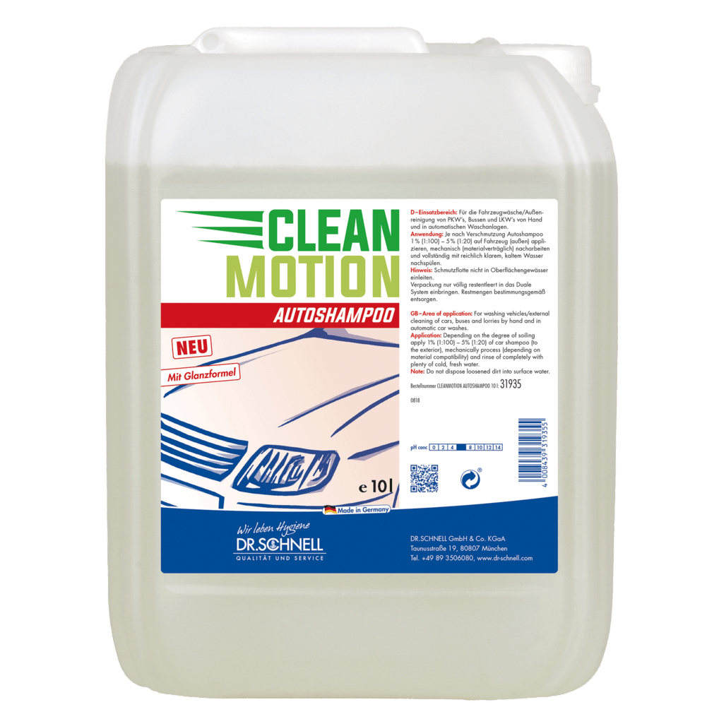 10-litrowy plastikowy pojemnik Dr. Schnell CLEANMOTION AUTOSHAMPOO od DR.SCHNELL GmbH & Co. KGaA, idealny do profesjonalnego mycia samochodów. Etykieta pokazuje samochód, niemiecką informację o produkcie, instrukcję użycia; płyn jest przejrzysty lub jasny.