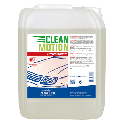 10-litrowy plastikowy pojemnik Dr. Schnell CLEANMOTION AUTOSHAMPOO od DR.SCHNELL GmbH & Co. KGaA, idealny do profesjonalnego mycia samochodów. Etykieta pokazuje samochód, niemiecką informację o produkcie, instrukcję użycia; płyn jest przejrzysty lub jasny.