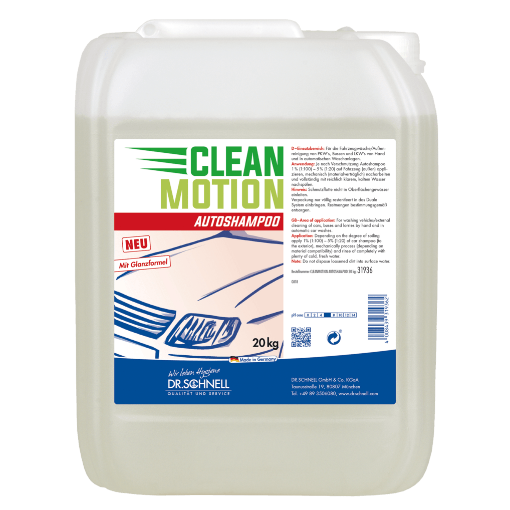 20-kilogramowy plastikowy pojemnik Dr. Schnell CLEANMOTION AUTOSHAMPOO od DR.SCHNELL GmbH & Co. KGaA, z białą pokrywką i niemiecką etykietą z motywem samochodu. Jasnożółty płyn zapewnia skuteczne czyszczenie pojazdów dla profesjonalistów.