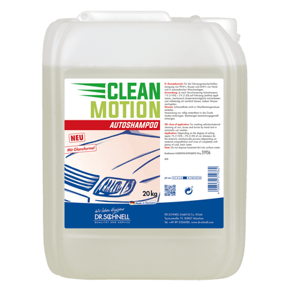 20-kilogramowy plastikowy pojemnik Dr. Schnell CLEANMOTION AUTOSHAMPOO od DR.SCHNELL GmbH & Co. KGaA, z białą pokrywką i niemiecką etykietą z motywem samochodu. Jasnożółty płyn zapewnia skuteczne czyszczenie pojazdów dla profesjonalistów.