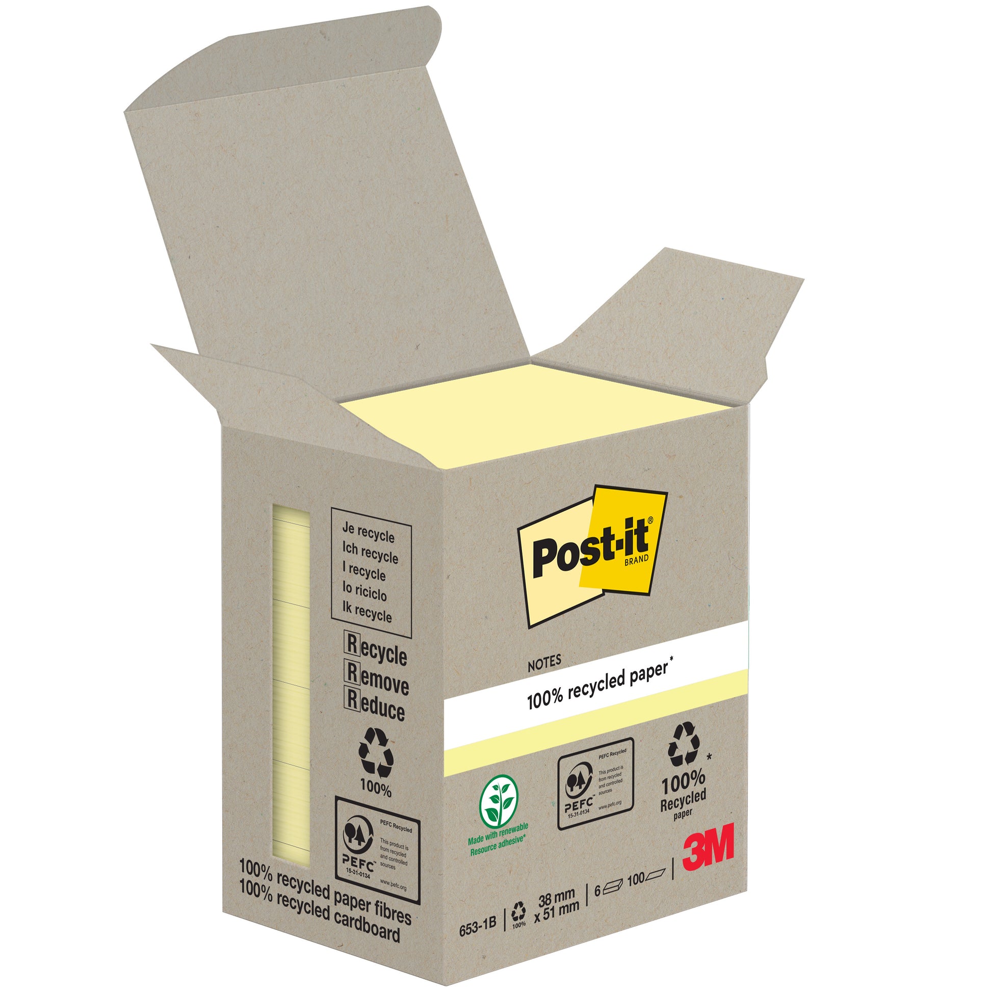 Eine geöffnete Schachtel Post-it® Recycling Notes, 38 mm x 51 mm, 100 Blatt pro Block, hergestellt aus 100% PEFC-zertifiziertem Papier von 3M Deutschland GmbH, zeigt gelbe Zettel mit Recycling-Logos und dem 3M-Logo auf der Verpackung.