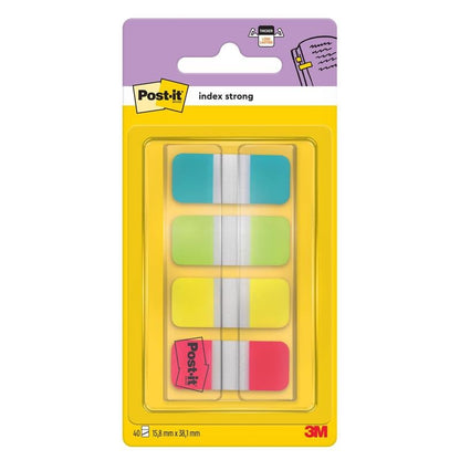 Post-it® Index Strong Ablagetabs, Mini (15,8 mm x 38,1 mm) w kolorach żółtym, czerwonym, niebieskim i zielonym od 3M Deutschland GmbH są dostępne jako 40 pasków samoprzylepnych/dyspenser (1 sztuka), idealne do porządkowania dokumentów - opakowanie z dyspenserem z tworzywa sztucznego.