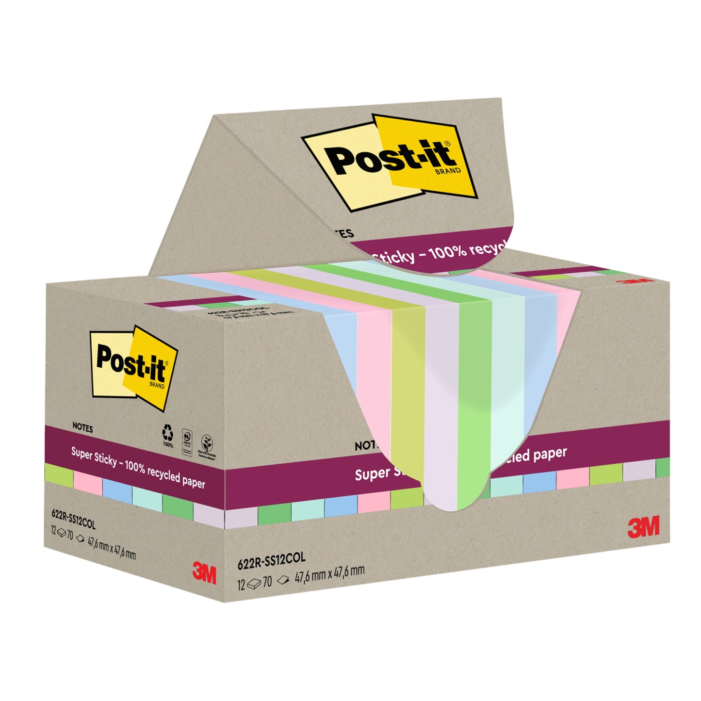 Eine Schachtel Post-it® Super Sticky 100% Recycling Notes (47,6 x 47,6 mm, 70 Blatt pro Block, 100% PEFC) der 3M Deutschland GmbH, mit teilweise herausgezogenen pastellfarbenen Zetteln, die mit den Markenlogos versehen sind.