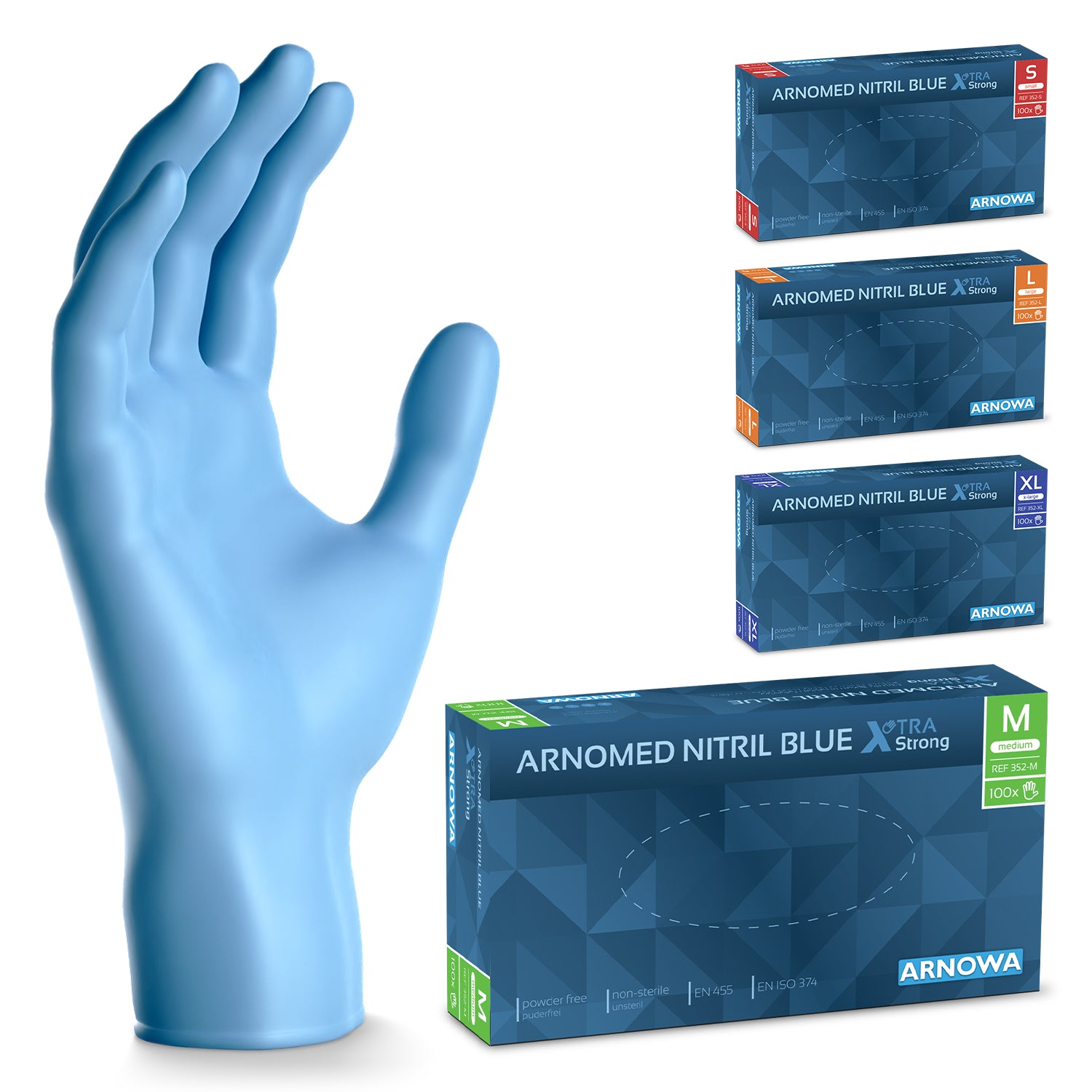 Ein blauer ARNOMED NITRIL BLUE XTRA STRONG Einmalhandschuh der ARNOWA GmbH steht aufrecht neben vier blauen, farbcodierten Kartons mit extra dicken Nitrilhandschuhen in den Größen S bis XL.