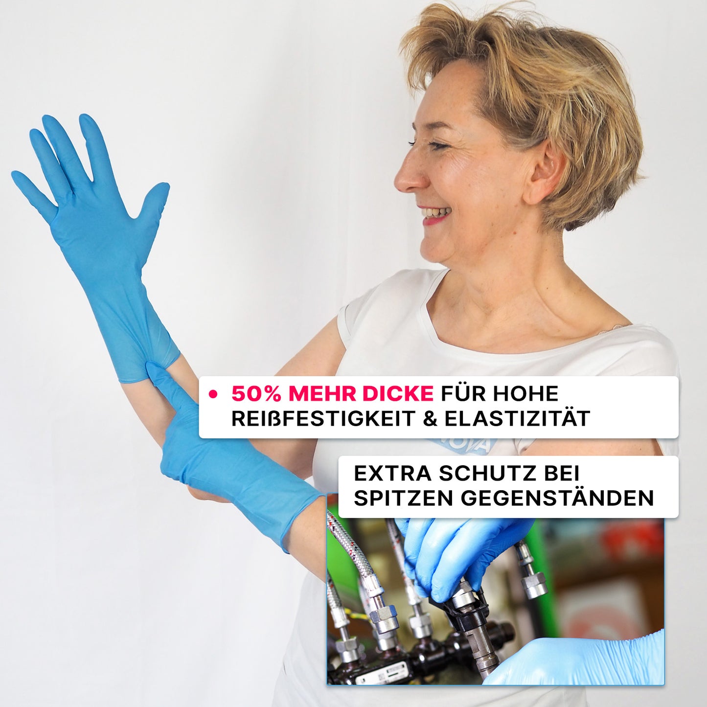 Kobieta zakłada jednorazowe rękawice ARNOMED NITRIL BLUE XTRA LONG (ARNOWA GmbH). Tekst w języku niemieckim podkreśla ich długość 30 cm, wytrzymałość i elastyczność dla dodatkowej ochrony. Na zdjęciu rękawice są używane do obsługi węży.