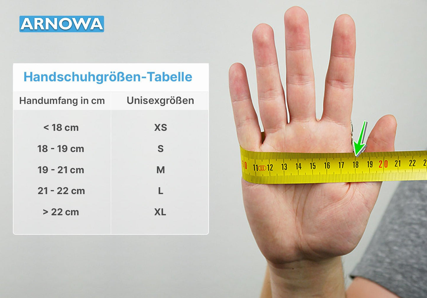 Ręka jest mierzona żółtą taśmą na 19 cm. Po lewej stronie znajduje się tabela rozmiarów, która pomaga znaleźć odpowiedni rozmiar jednorazowych rękawic ARNOMED NITRIL BLUE XTRA LONG 30 cm z nitrylu w kolorze niebieskim od ARNOWA GmbH (rozmiary unisex XS-XL).