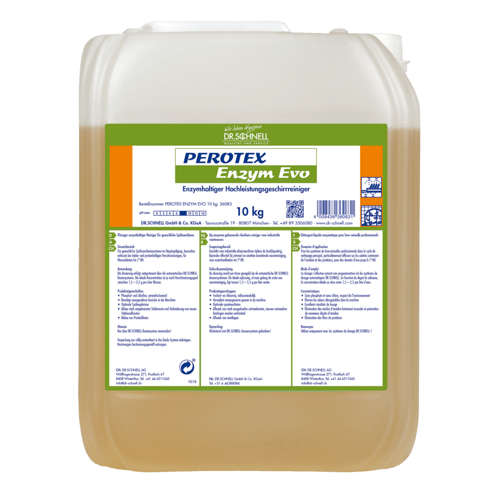 Przezroczyste opakowanie 10 kg od Dr. Schnell PEROTEX ENZYM EVO od DR.SCHNELL GmbH & Co. KGaA, enzymatyczny środek czyszczący do profesjonalnego użytku, jest wyposażone w zielono-białą etykietę z informacjami i danymi o produkcie oraz biały korek.