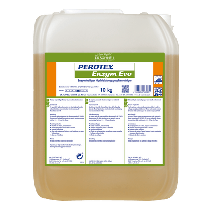 Przezroczyste opakowanie 10 kg od Dr. Schnell PEROTEX ENZYM EVO od DR.SCHNELL GmbH & Co. KGaA, enzymatyczny środek czyszczący do profesjonalnego użytku, jest wyposażone w zielono-białą etykietę z informacjami i danymi o produkcie oraz biały korek.