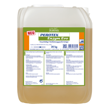 Opakowanie 20 kg Dr. Schnell PEROTEX ENZYM EVO od DR.SCHNELL GmbH & Co. KGaA, enzymatycznego środka czyszczącego do profesjonalnego użytku, z informacjami o produkcie i instrukcjami na białej etykiecie z niebieskim i zielonym napisem.