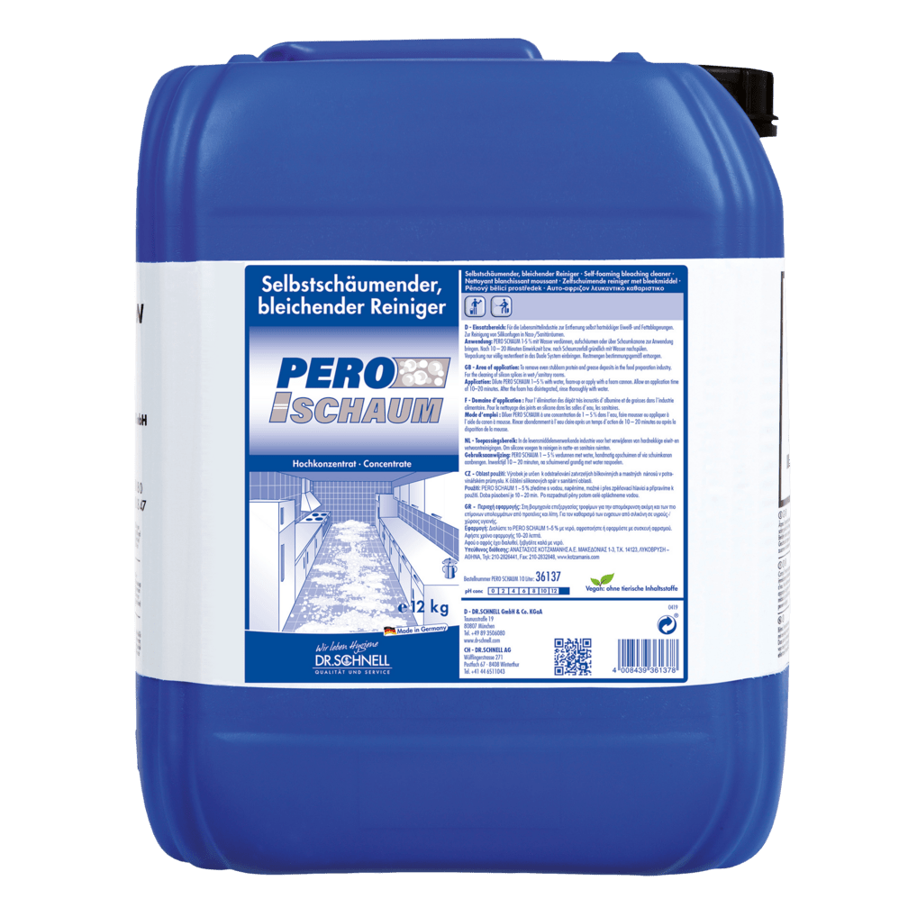 12-kilogramowy kanister z niebieskiego tworzywa sztucznego od Dr. Schnell PERO SCHAUM, samo pieniącego się, wybielającego, chlorowanego środka do czyszczenia powierzchni firmy DR.SCHNELL GmbH & Co. KGaA, zaprojektowanego do skutecznego czyszczenia powierzchni.