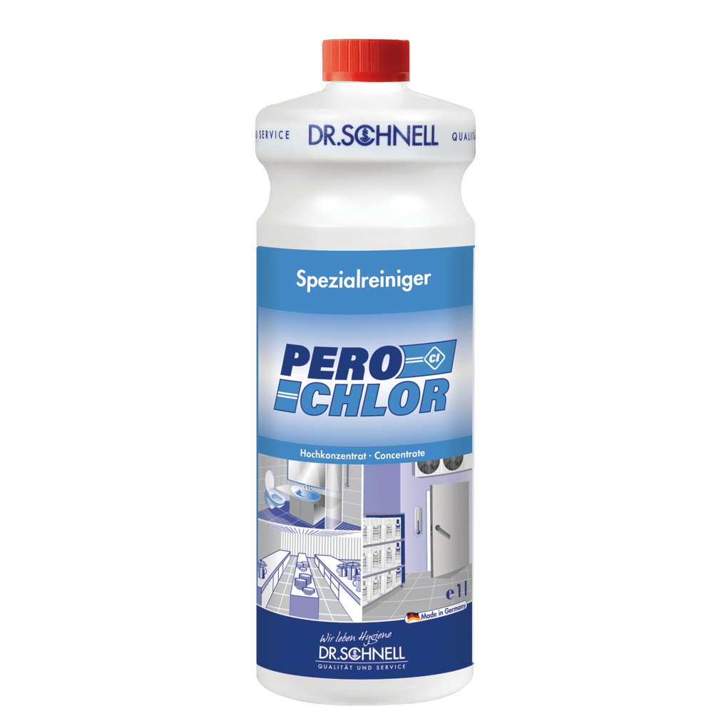 Jednolita biała plastikowa butelka 1L firmy DR.SCHNELL GmbH & Co. KGaA PERO CHLOR, środek czyszczący na bazie chloru do powierzchni z czerwoną nakrętką i niebieską etykietą, opisany w języku niemieckim do profesjonalnej higieny kuchennej i spożywczej.