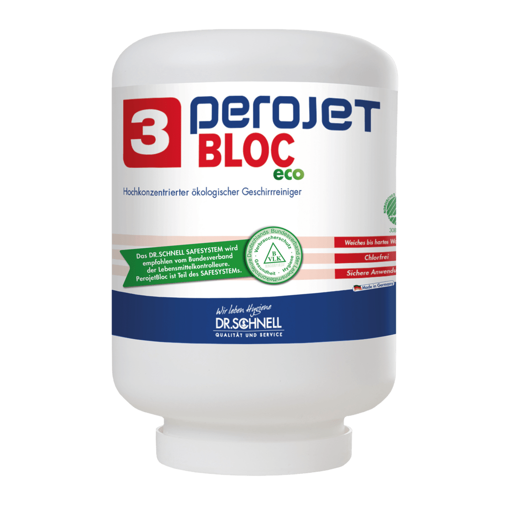 Biała kartuszka o wadze 4 kg z napisem "Dr. Schnell PEROJET BLOC 3 ECO środek czyszczący do zmywarek przemysłowych, ekologiczny" firmy DR.SCHNELL GmbH & Co. KGaA jest z przodu ozdobiona ekologicznymi certyfikatami.