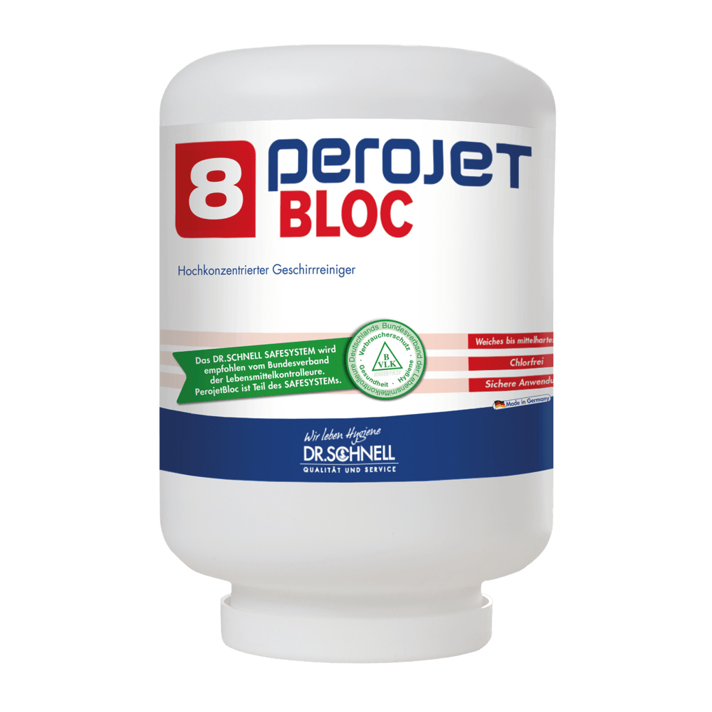 Biały pojemnik DR.SCHNELL GmbH & Co. KGaA PEROJET BLOC 8 środek do mycia naczyń do komercyjnych zmywarek, ekologiczny (wkład 4 kg) z czerwono-niebieską etykietą i informacjami o produkcie w języku niemieckim na przedniej stronie.