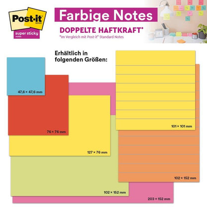Różnorodność kolorowych karteczek samoprzylepnych 3M Post-it® Super Sticky Notes (76 mm x 76 mm, 90 arkuszy/blok) jest przedstawiona z opisanymi wymiarami i ułożona w siatkę na ścianie.