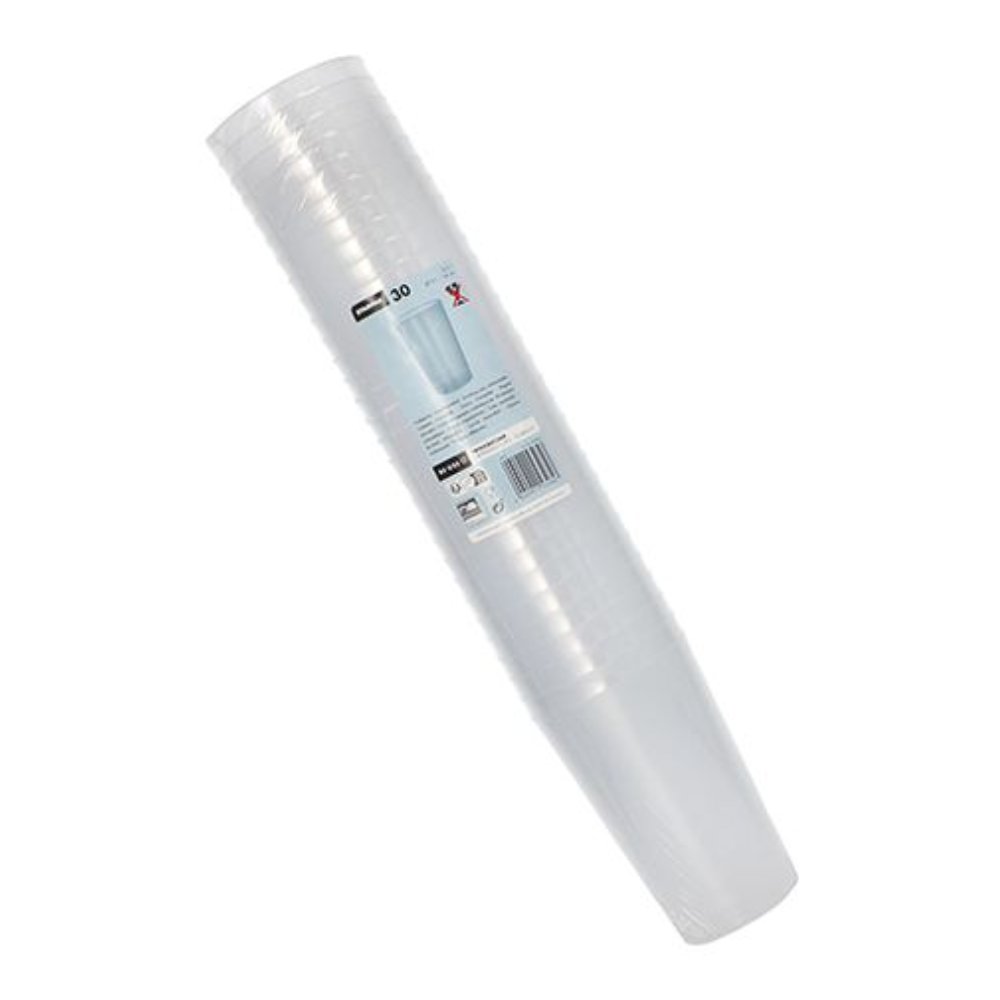 Stos kubków wielokrotnego użytku Starpak PP 0,5 l, owinięty przezroczystą folią termokurczliwą z etykietą i kodem kreskowym. Kubki są ustawione pionowo na prostym białym tle.