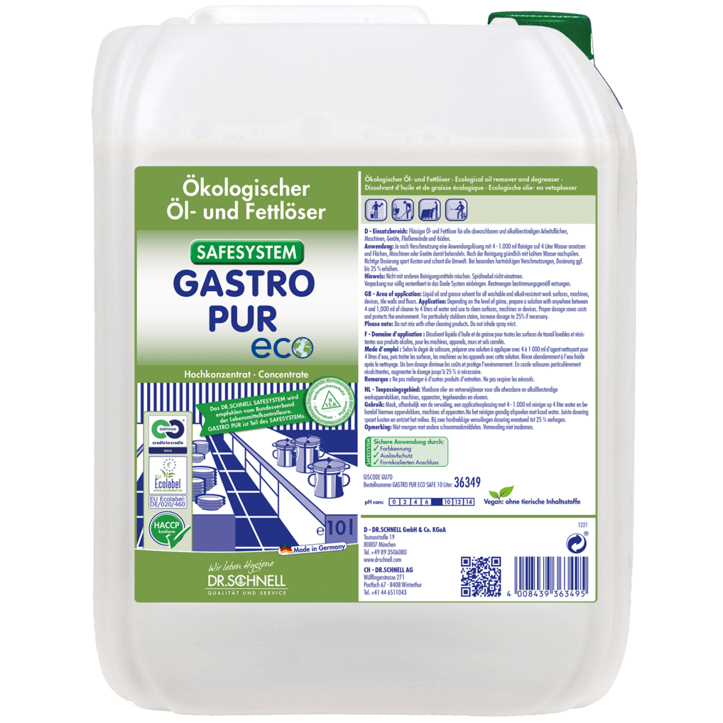 Biały 10-litrowy plastikowy pojemnik z napisem "Dr. Schnell GASTRO PUR ECO środek do usuwania oleju i tłuszczu z powierzchni" firmy DR.SCHNELL GmbH & Co. KGaA, z piktogramami i obrazem do czyszczenia kuchni w gastronomii.