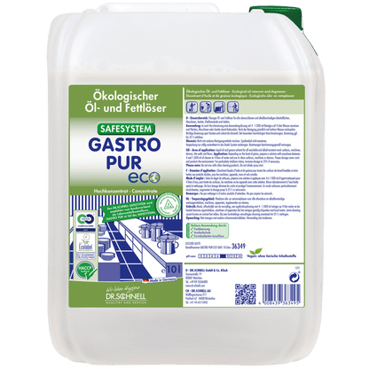 Biały 10-litrowy plastikowy pojemnik z napisem "Dr. Schnell GASTRO PUR ECO środek do usuwania oleju i tłuszczu z powierzchni" firmy DR.SCHNELL GmbH & Co. KGaA, z piktogramami i obrazem do czyszczenia kuchni w gastronomii.