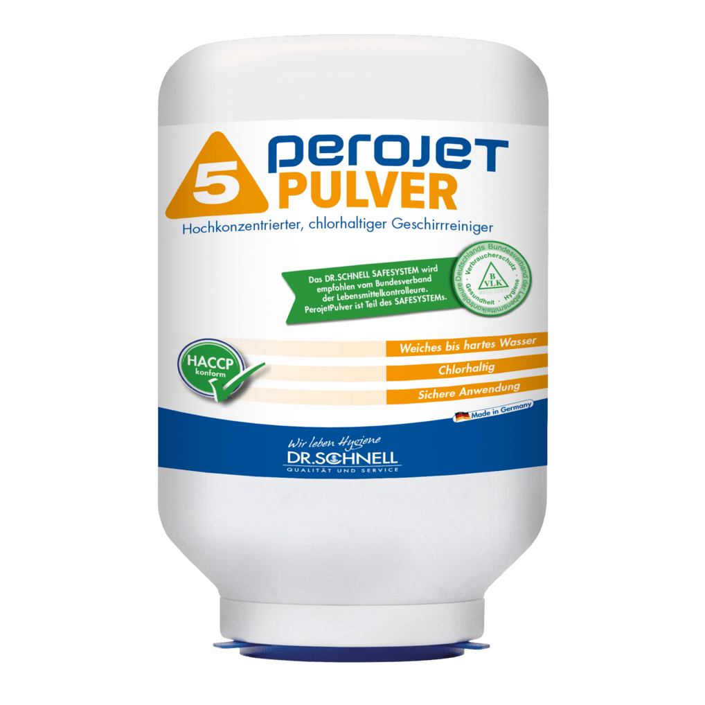 Biała 3-kilogramowa kaseta z napisem "Dr. Schnell PEROJET PULVER 5" firmy DR.SCHNELL GmbH & Co. KGaA, z pomarańczowymi i niebieskimi napisami oraz niemieckimi instrukcjami użycia; wysoko skoncentrowany, chlorowany detergent do zmywarek.