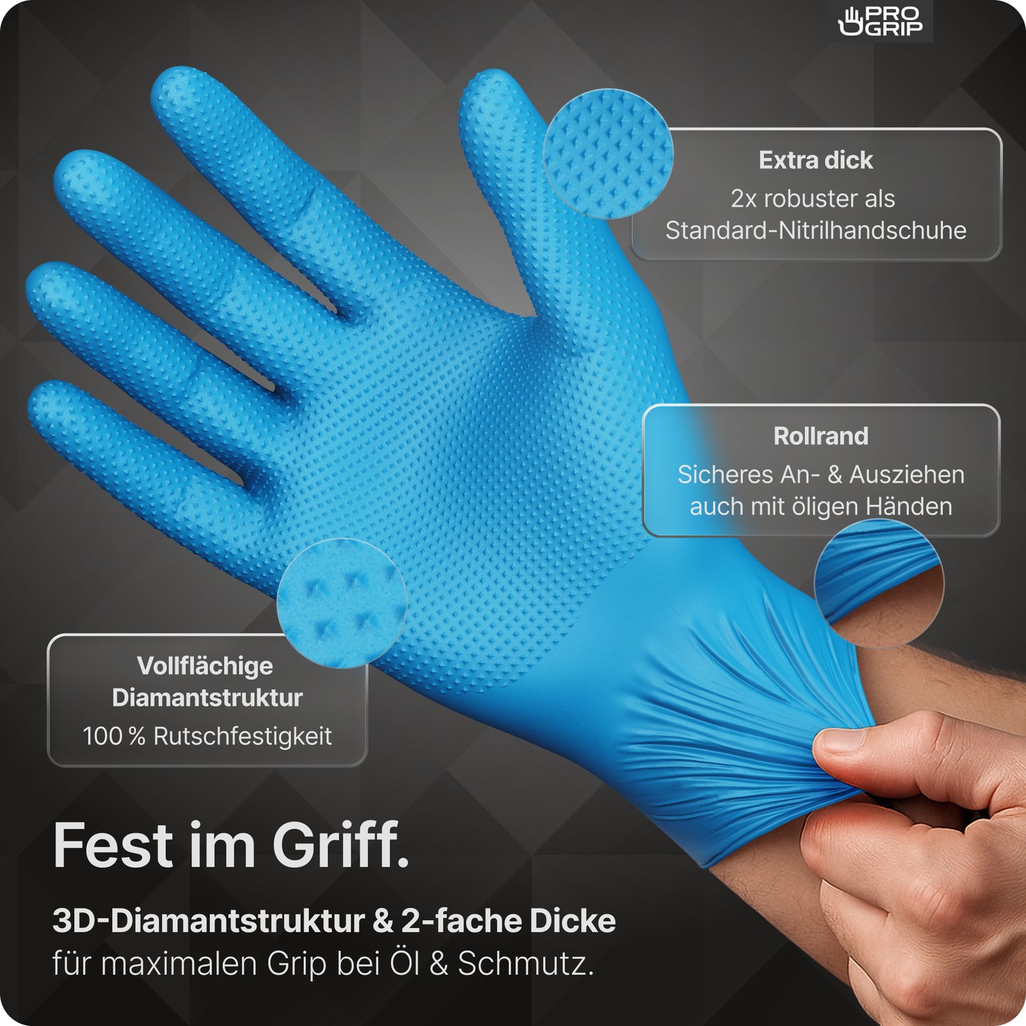 Ręka nosi jednorazowe rękawice ARNOWA GmbH PROGRIP NITRIL DIAMOND BLUE z nitrylu z wytrzymałą strukturą diamentową. Nakładki pokazują dodatkowy chwyt, trwałość i wywinięty brzeg. Niemiecki tekst wyjaśnia ich zastosowanie przy oleju i brudzie.