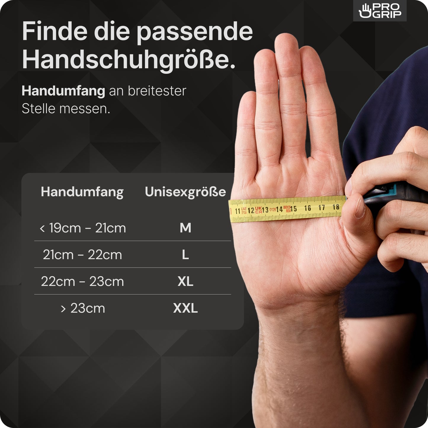 Obraz pokazuje rękę z miarą w najszerszym miejscu. Obok znajduje się tabela z obwodem dłoni i pasującymi rozmiarami M-XXL dla PROGRIP NITRIL DIAMOND BLUE - niebieskie, wytrzymałe jednorazowe rękawice z nitrylu z diamentową strukturą firmy ARNOWA GmbH.