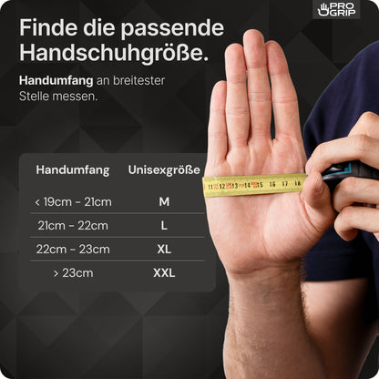 Obraz pokazuje rękę z miarą w najszerszym miejscu. Obok znajduje się tabela z obwodem dłoni i pasującymi rozmiarami M-XXL dla PROGRIP NITRIL DIAMOND BLUE - niebieskie, wytrzymałe jednorazowe rękawice z nitrylu z diamentową strukturą firmy ARNOWA GmbH.