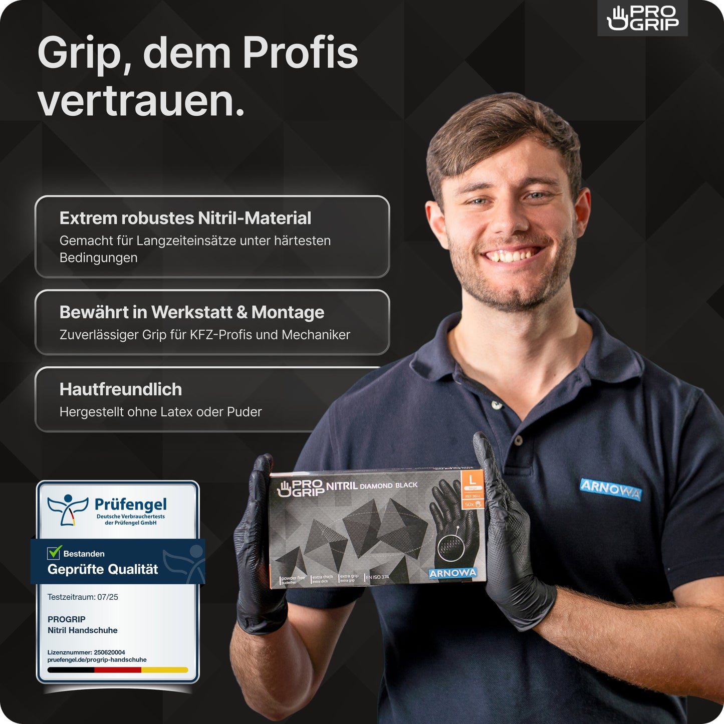 Uśmiechnięty mężczyzna w czarnym polo i czapce trzyma pudełko jednorazowych rękawic ARNOWA GmbH PROGRIP NITRIL DIAMOND BLUE z nitrylu z wytrzymałą strukturą diamentową. Tekst podkreśla ich trwałość, profesjonalne zastosowanie, przyjazność dla skóry i plakietkę certyfikacyjną jakości.