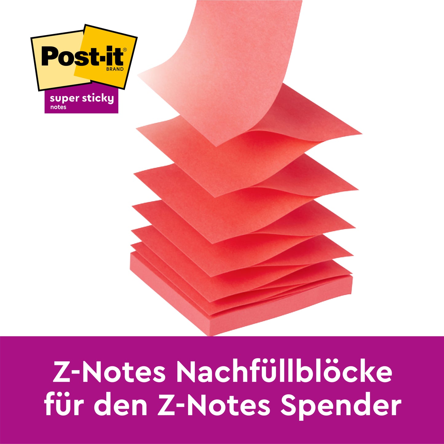 Stos żółtych Post-it® Super Sticky Z-Notes (76 x 76 mm, 90 arkuszy/blok) od 3M Deutschland GmbH jest przedstawiony jako wachlarz. Niemiecki tekst brzmi: "Z-Notes wkłady do dyspensera Z-Notes". Opakowanie z 20+4 gratis, certyfikowane przez PEFC.