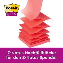Stos żółtych 76 mm x 76 mm Post-it® Super Sticky Z-Notes (90 arkuszy/blok, 12 bloków/opakowanie, 100% PEFC) jest rozłożony na fioletowym banerze z napisem "Z-Notes wkłady do dozownika Z-Notes". Logo 3M w lewym górnym rogu.
