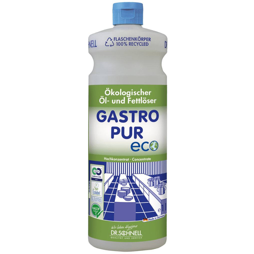 Butelka Dr. Schnell GASTRO PUR ECO środka do usuwania oleju i tłuszczu z powierzchni firmy DR.SCHNELL GmbH & Co. KGaA ma zieloną i niebieską etykietę, niebieskie zamknięcie, symbole recyklingu, tekst w języku niemieckim oraz ilustrację z kuchni przemysłowej.