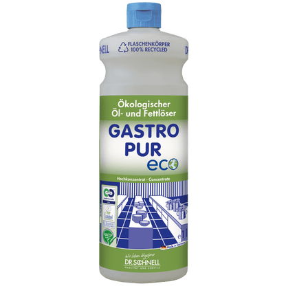 Butelka Dr. Schnell GASTRO PUR ECO środka do usuwania oleju i tłuszczu z powierzchni firmy DR.SCHNELL GmbH & Co. KGaA ma zieloną i niebieską etykietę, niebieskie zamknięcie, symbole recyklingu, tekst w języku niemieckim oraz ilustrację z kuchni przemysłowej.