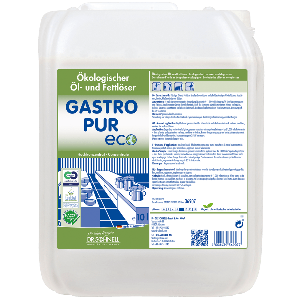 10-litrowe opakowanie Dr. Schnell GASTRO PUR ECO środka do usuwania oleju i tłuszczu z powierzchni firmy DR.SCHNELL GmbH & Co. KGaA pokazuje na etykiecie szczegóły produktu, certyfikaty, wskazówki dotyczące stosowania i grafiki kuchenne w kolorach zielonym, niebieskim i białym.
