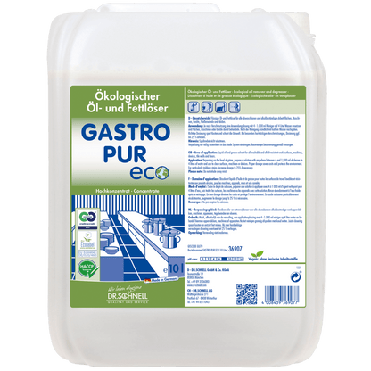 10-litrowe opakowanie Dr. Schnell GASTRO PUR ECO środka do usuwania oleju i tłuszczu z powierzchni firmy DR.SCHNELL GmbH & Co. KGaA pokazuje na etykiecie szczegóły produktu, certyfikaty, wskazówki dotyczące stosowania i grafiki kuchenne w kolorach zielonym, niebieskim i białym.