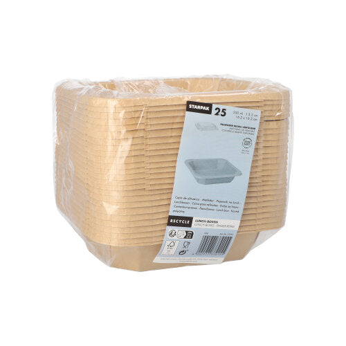 Stos 25 lunchboxów Starpak, karton prostokątny, jest owinięty przezroczystym plastikiem i ma z przodu etykietę z detalami produktu i obrazem pojedynczego pojemnika.