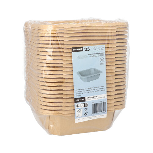 Opakowanie zawiera 25 prostokątnych, brązowych lunchboxów Starpak z kartonu, owiniętych folią plastikową, z etykietą z przodu, która pokazuje markę Starpak i informacje o produkcie. Idealne jako ekologiczne lunchboxy na każde wydarzenie.