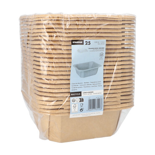 Przedstawiono stos Starpak 25 Lunchboxów, karton prostokątny, owinięty folią plastikową. Z przodu znajduje się biała etykieta z marką Starpak, szczegółami produktu, kodem kreskowym, symbolami recyklingu i obrazem otwartego pudełka.