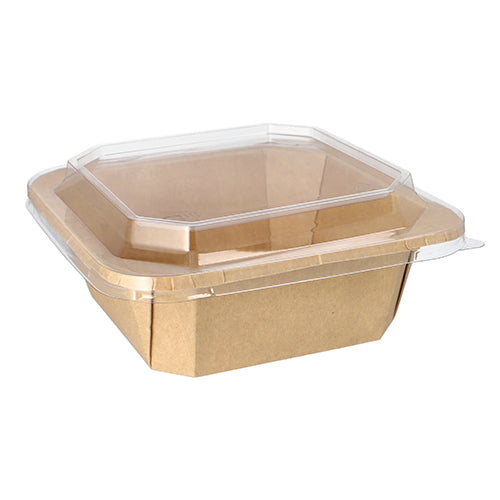 Starpak 25 Lunchboxów z ekologicznego, brązowego kartonu z przezroczystą plastikową pokrywką są tutaj prezentowane puste, zamknięte i na białym tle.
