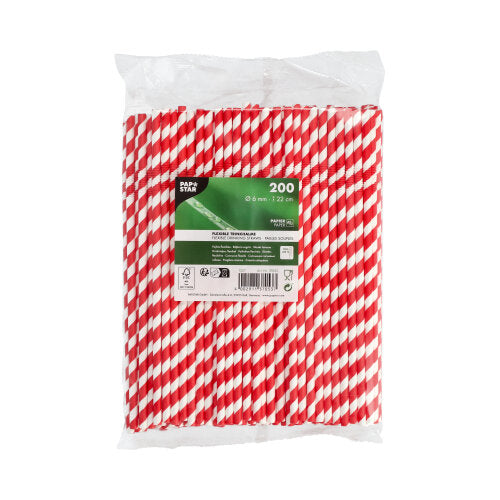 Przezroczysta plastikowa torba zawiera 200 PAPSTAR słomek papierowych czerwono/białych "Stripes", elastycznych, 22 cm. Etykieta PAPSTAR GmbH pokazuje rozmiar i przyjazny dla środowiska materiał papierowy na białym tle.