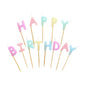 To PAPSTAR Zestaw świeczek z literami zawiera świeczki w pastelowych kolorach z napisem „Happy Birthday” (8 cm), każda na drewnianym patyczku. Dostępne w kolorach: różowym, żółtym, niebieskim, fioletowym i zielonym. Sprzedawane w kartonie zawierającym 12 opakowań po PAPSTAR Sp. z o.o.