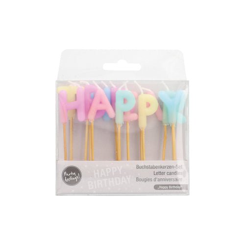 To PAPSTAR Zestaw świeczek z literami składa się z pastelowych świeczek z literami tworzącymi napis „HAPPY BIRTHDAY”, z których każda ma 8 cm wysokości i jest umieszczona na złotych podstawkach. W kartonie znajduje się dwanaście sztuk, zapakowanych w przezroczyste pudełko z napisem „Świeczki z literami” oraz „HAPPY BIRTHDAY”. Marka: PAPSTAR Sp. z o.o.