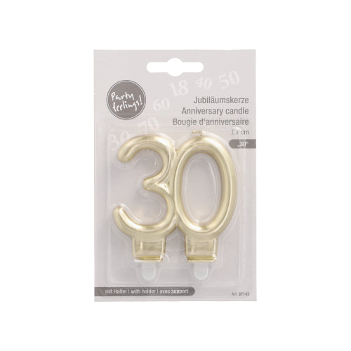 PAPSTAR Jubiläumskerzen mit Halter 7 cm "gold" von PAPSTAR GmbH: Nummer 30 Jubiläumskerzen mit Halter, beschriftet in Deutsch, Englisch und Französisch für einfache Geburtstagsfeiern.