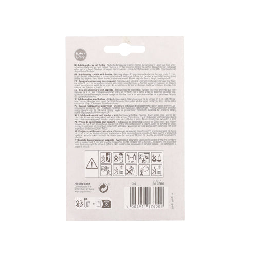 Die PAPSTAR Jubiläumskerzen mit Halter 7 cm "gold" Verpackung zeigt mehrsprachige Anleitungen und Warnhinweise, einen Barcode am Boden, Sicherheits- und Recyclingsymbole sowie ein gestanztes Aufhängeloch am oberen Rand. Marke: PAPSTAR GmbH.