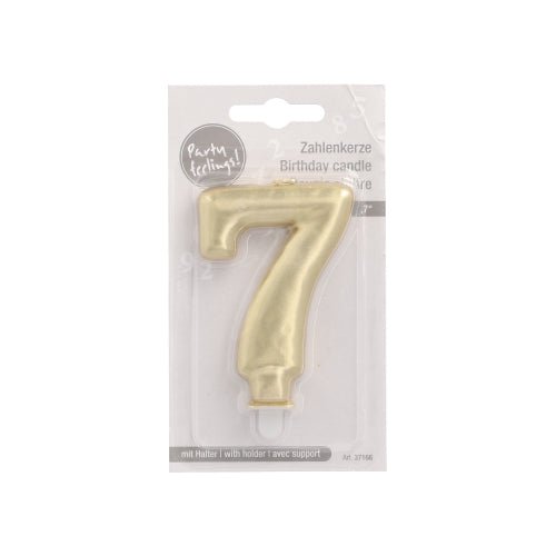 Świeczka cyfrowa PAPSTAR GmbH z uchwytem 7 cm "złota" to złota świeczka cyfrowa w przezroczystym plastikowym i kartonowym opakowaniu, opisana po niemiecku i angielsku z białym uchwytem - idealna jako dekoracja tortu.