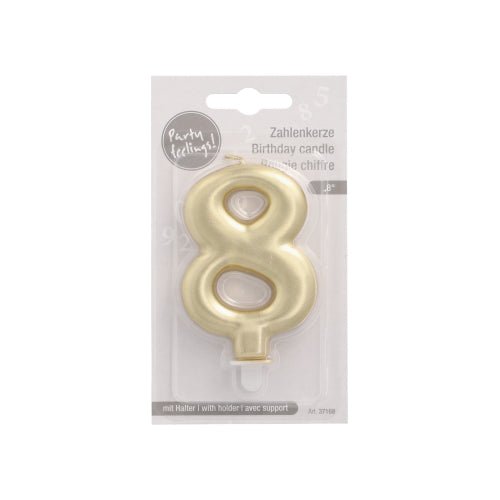 Świeczka cyfrowa PAPSTAR GmbH z uchwytem 7 cm "złota" jest w plastikowym opakowaniu z wielojęzyczną etykietą i uchwytem do zawieszenia - idealna jako stylowa świeczka tortowa na każdą uroczystość.