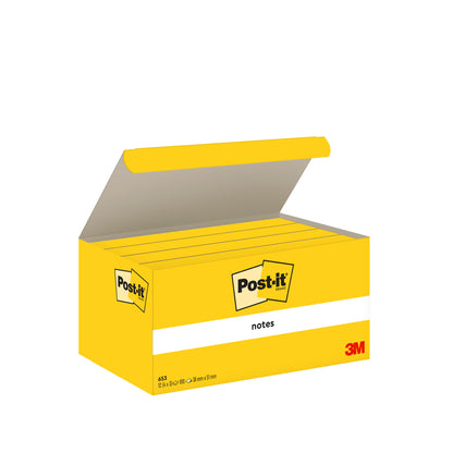 Żółte pudełko z notatkami Post-it®, Żółte, 38 mm x 51 mm, 100 kartek/blok, 12 bloków/opakowanie od 3M Deutschland GmbH. Kartonowe opakowanie jest w 100% certyfikowane przez PEFC - idealne dla zorganizowanych miejsc pracy.