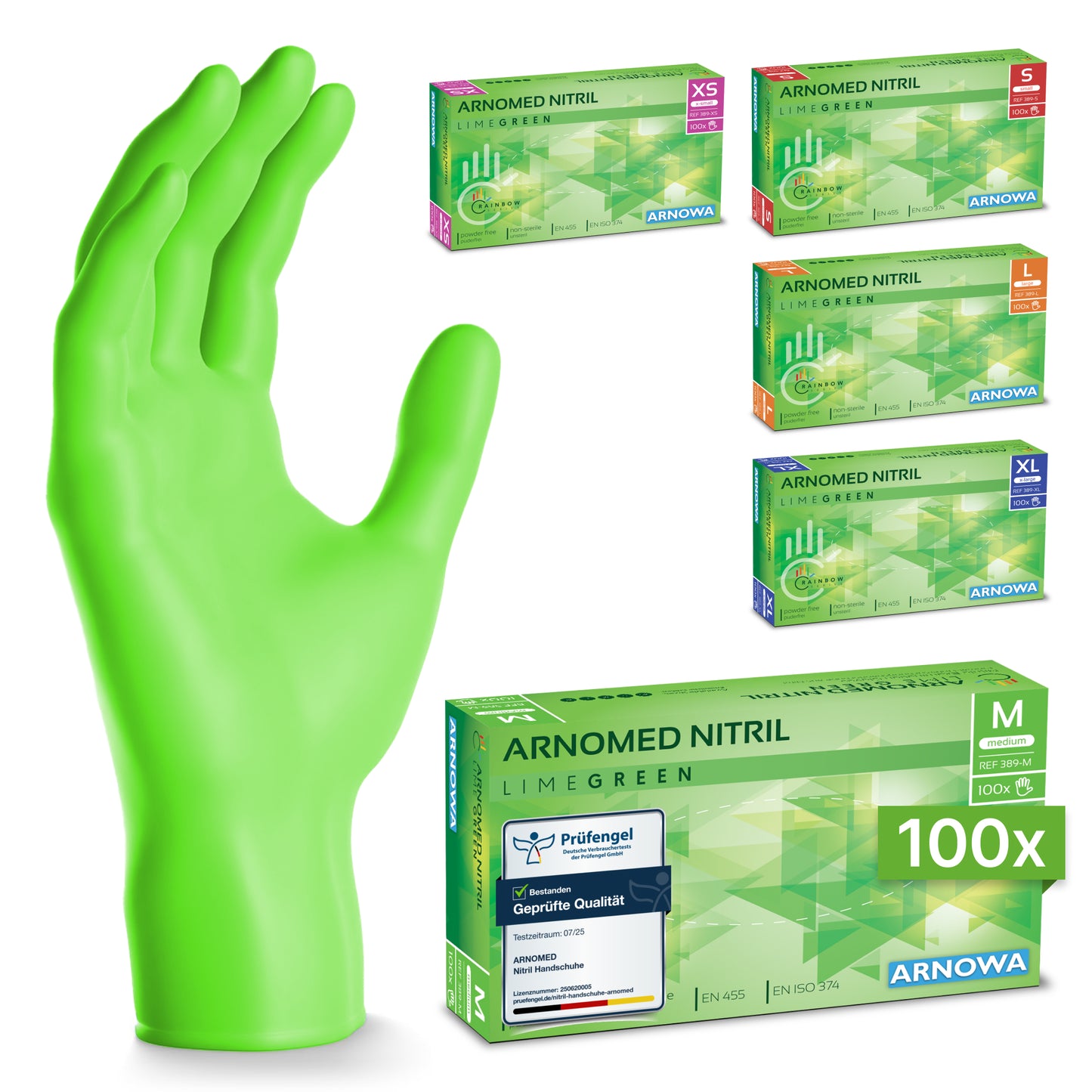 Ein limettengrüner ARNOMED NITRIL LIME GREEN Einmalhandschuh von ARNOWA GmbH steht aufrecht, umgeben von fünf Boxen à 100 latexfreien Handschuhen in verschiedenen Größen.