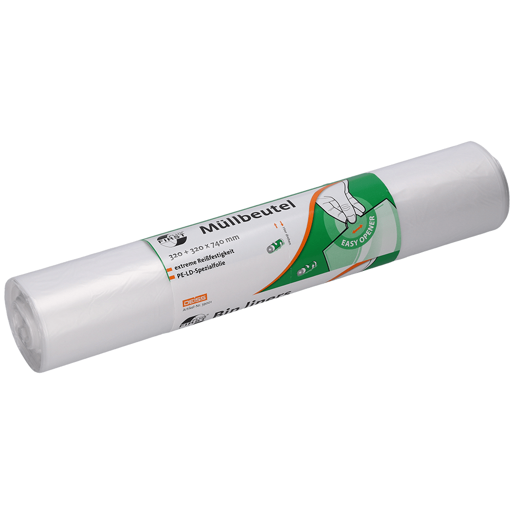 Na zdjęciu znajduje się opakowanie z 50 przezroczystymi workami na śmieci DEISS 39001 (320+320x740 mm) firmy EMIL DEISS KG. Opakowanie pokazuje zielone i pomarańczowe etykiety z niemieckim tekstem oraz grafiką ręki ułatwiającą wyjmowanie worków.
